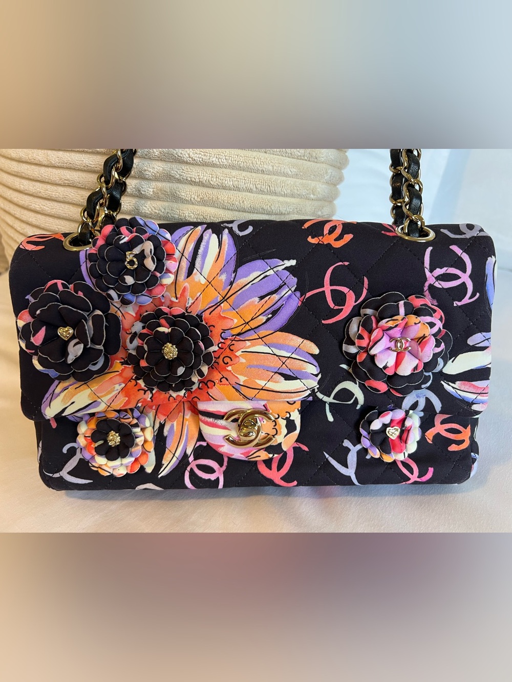 Chanel Camellia Follies Flap Bag Multicolor Canvas with 3D Camellia Flowers